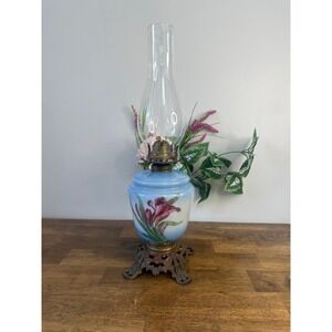 Vintage Hand Painted Milk Glass Lamp Blue Pink Floral Ornate Decorative Parts